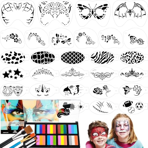 Thenshop 33 Pieces Face Paint Stencils Kit Includes Face Paint Makeup Split Cake Palette, 28 Reusable Facial Painting Stencils, 4 Painting Brushes for Adults Halloween Christmas Cosplay Party