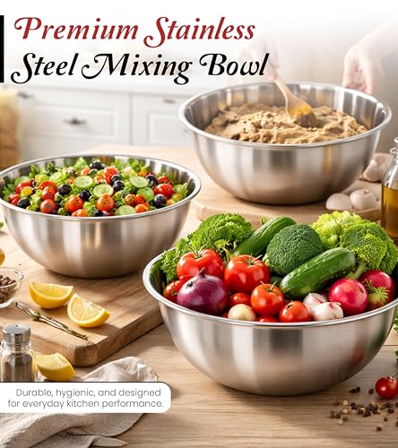 Image of Tromso Stainless Steel Mixing Bowl Set for Kitchen 2500ml 3600ml 6300ml Set of 3 Deep Food Grade Steel Bowls for Mixing Kneading Marinating Serving Large Kitchen Bowl Set Silver