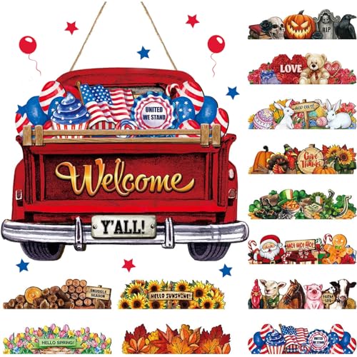 Ferraycle Interchangeable Welcome Sign for Front Door 4th of July Hanging Sign with 12 Holiday Icons Farmhouse Seasonal Welcome Signs Rustic Interchangeable Holiday Decor for Summer(Fresh Color)