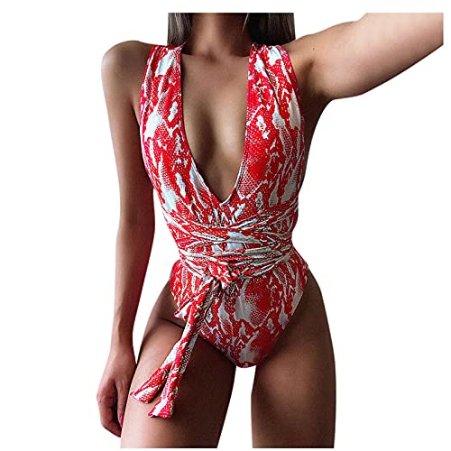 Tummy Control Swimwear Strappy One Piece Swimsuit Padded Athletic Training Bathing Suits for Women Slimming Vintage Bikini (Red, L)