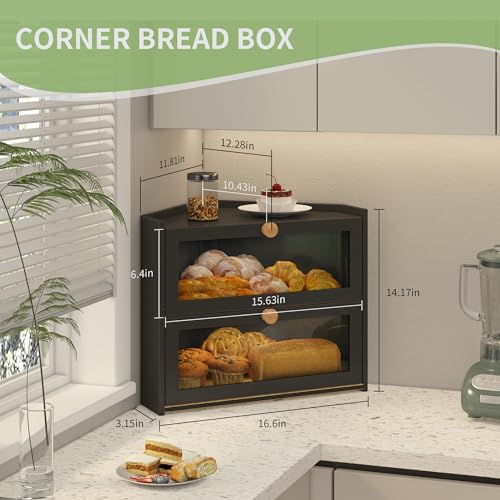 JANSNIMEN Black Corner Bread Box for Kitchen Countertop, Large Bread Container Storage Bamboo Wooden Farmhouse Bread Box with Window Bread Holder - Image 2