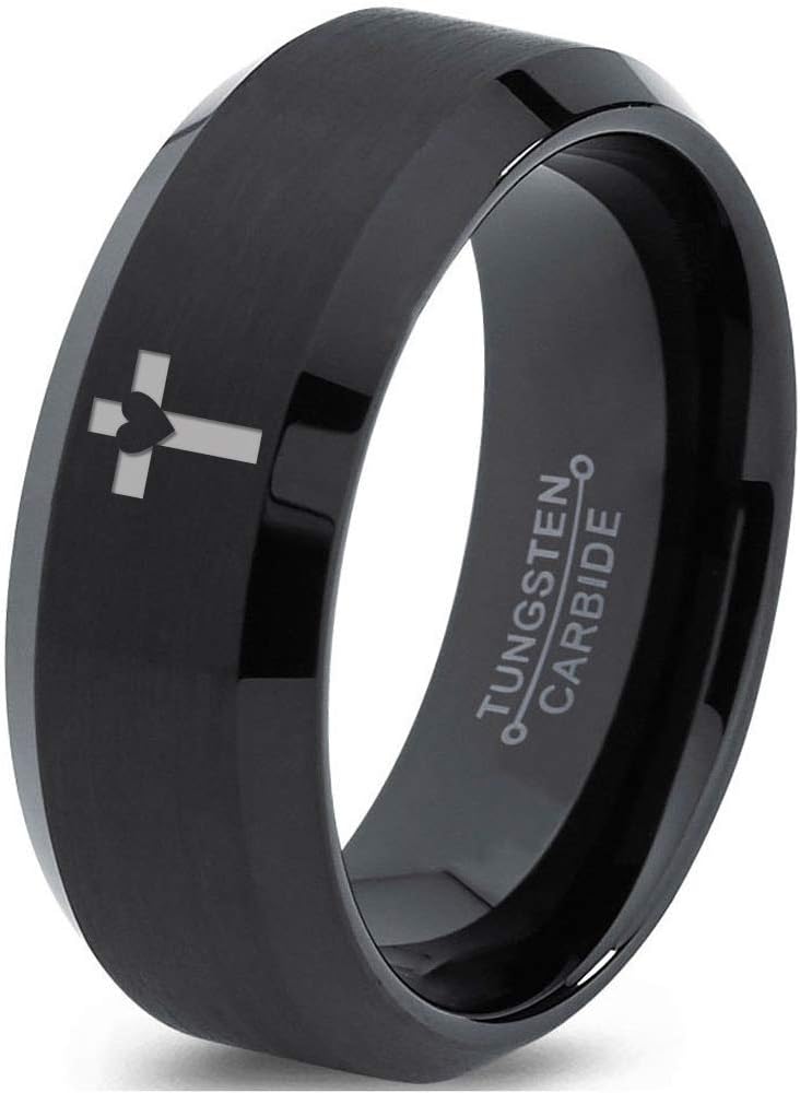 Heart Cross Christian Ring - Tungsten Band 8mm - Men - Women - 18k Rose Gold Step Bevel Edge - Yellow - Grey - Blue - Black - Brushed - Polished - Wedding - Gift Dome Flat Cut