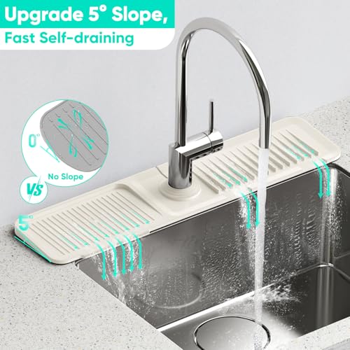 24'' Faucet Mat for Kitchen Sink [5°Slope Fast Self-draining] Faucet Mat Kitchen Sink Splash Guard Silicone Sink Faucet Mat Splash Guard Kitchen Sink Area Tidy Splash Faucet Guard Draining Mat-Beige by Snoquir - Image 2