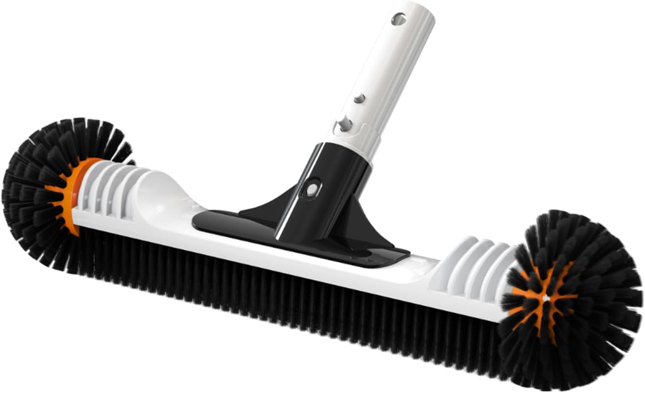 YASHINE 18" Pool Brush Head with Round Ends, Heavy Duty Pool Cleaning Brush for Inground & Above Ground Pool Walls, Tiles & Floors, Durable Handle & Nylon Bristles (Black Orange)