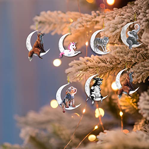 Animals Sitting On The Moon Ornaments For Christmas Trees,Cute Acrylic Hanging Pendant For Christmas Remembrance Ornament,Car Rearview Mirror Pendant Living Room Christmas Tree Decorations Gift(Dog) #TOP5