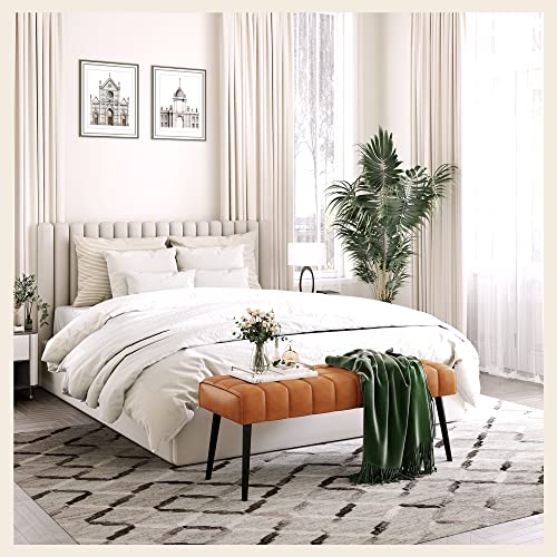 Lue Bona 44.5” End Of Bed Bench, Faux Leather Tufted Upholstered Bedroom Bench, Modern Ottoman Bench With Metal Legs For Living Room, Entryway, Dining Room, 300Lb, Whiskey Brown #TOP2