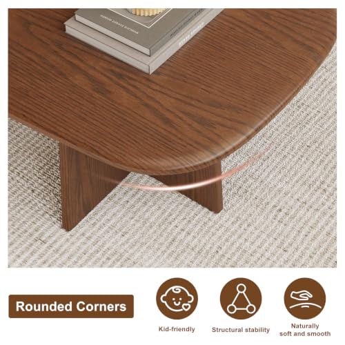 Image of Solid Wood Coffee Table, Mid-Century Modern Center Table for Living Room, FAS Grade Rubberwood with Unique U-Shaped Legs, Family-Friendly Rounded Corners, 39.4 Inch, Walnut