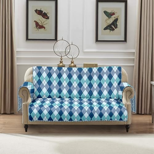 Image of Amazon Basics Printed Quilted Reversible Sofa Topper | 2 Seater | 120Cm X 175Cm | 325 GSM | Color - Navy Blue, Polyester Blend