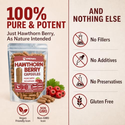 Image of XPRS Nutra Hawthorn Berry Capsules - 180 Count (90 Day Supply) of Premium Hawthorne Berry Capsules for Cardiovascular Support - Vegan Friendly Hearth Health Supplement