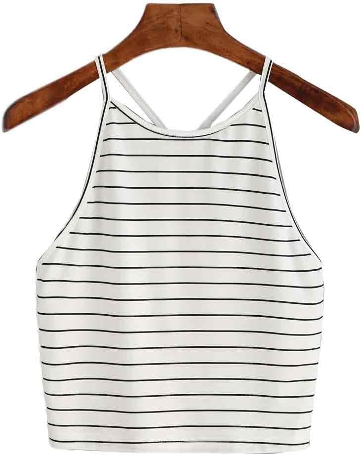 Clearance Women Fashion Striped Tank Crop Top Casual Sleeveless Blouse Cami Shirts Tops Halter Vest Teen Girls (M, White)