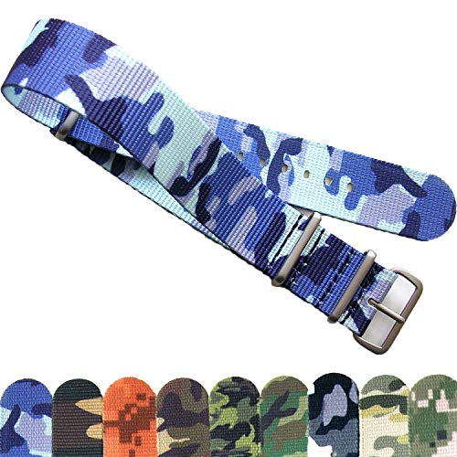 NATO Strap NATO G10 Premium Ballistic Nylon CAMO Military Watchband 16mm 18mm 20mm 22mm 24mm Stainless Steel High Polished Buckles USA Stock (Blue, 22mm)
