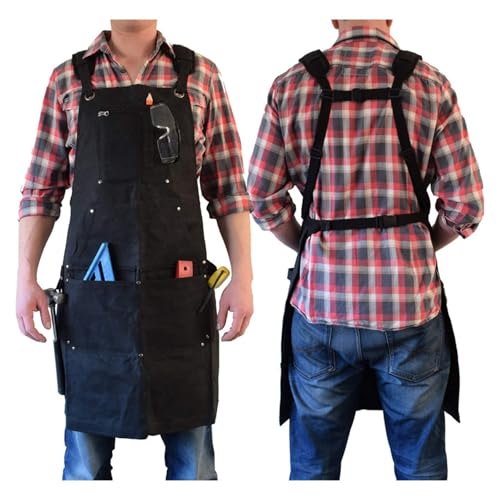 Delantal de lona impermeable negro ajustable con bolsillos para carpintero y soldadura 4