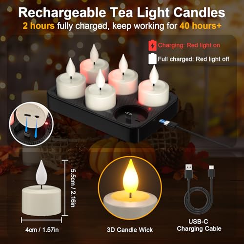 Image of PChero Rechargeable Flameless Tealight Candles with Remote & Timer, 6 Pack | Charging Base, 3D Flickering Wick, 5-Level Brightness, 42-110 Hour Runtime, for Home, Weddings, Halloween and Christmas Decor