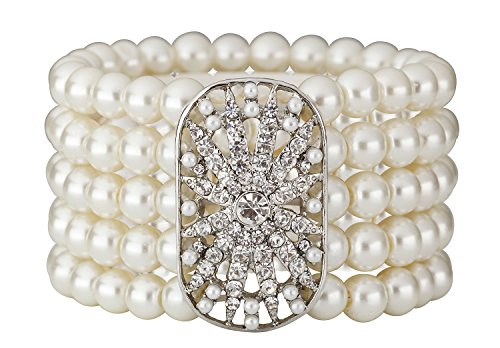 Cizoe Art Deco 20s 30s Flapper Acessories Jewelry Set Great Gatsby Inspired Bridal Pearl Elastic 20s Pearl Bracelet Bangle Long Pearl Necklace Rhinestone Pearl Earrings for Women and Girls2
