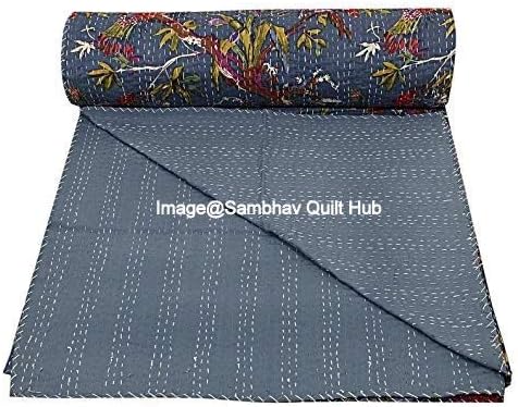 Queen/Twin/King Grey Handmade Bird Home Decor Bed Bohemian Bird Queen Bedspread Handcrafted Handmade Quilt Kantha Bird Print Cover Unique Blanket Bedding Quilt (60X90 inch)