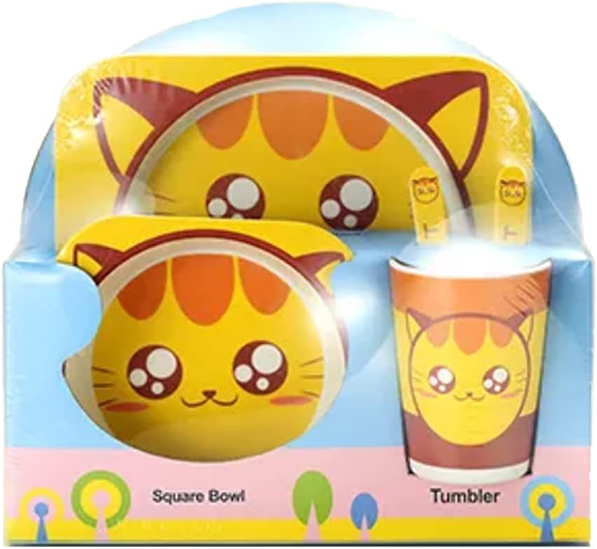 ShineBaby Bamboo Fiber 5pcs Dinnerware Set Creative Cartoon Cutlery Set, Environmental Friendly Kids Dinnerware Set Baby Feeding Plate/Bowl/Spoon/Fork/Cup. (Cat)