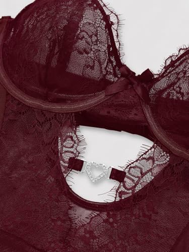 Image of Foxiny Sexy Lingerie Set 3 Piece Women Corset Bodysuit | Sheer Mesh Lace Push-Up Underwire Heart Garter Stocking Plus Size Curvy Exotic Costume Halloween Christmas Valentine's Day