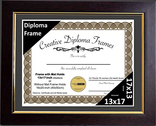 Creative Picture Frames 13x17 Mahogany Diploma Frame with Gold Rim Including Black Mat Glass and Installed Wall Hangers | Frame Holds 16x20 Media without Mat