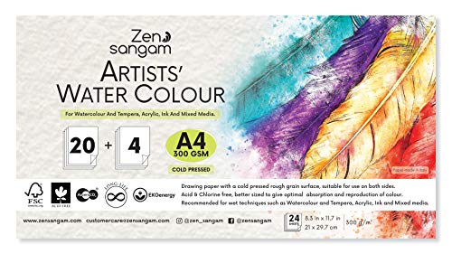 Zen Sangam Express your Mind Artists' Cold Pressed Rough Grain Surface, 300 GSM, Acid Free, A4 Size 21x29.7cm, 24 Sheets for Wet Watercolour, Tempera, Acrylic, Ink and Mixed Media (Ivory Shade)