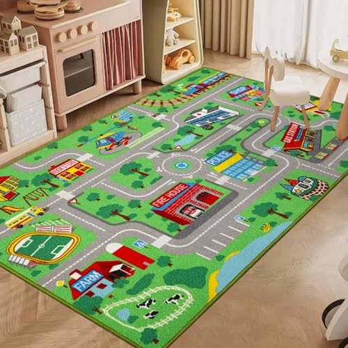 Capslpad Kinderteppich 100x160cm rutschfest Stadtplan Spielteppich Pädagogischer Spielteppich Maschinenwaschbar Kurzer Flor Autoteppich Kinder für Kinderzimmer Schlafzimmer Spielzimme Grün