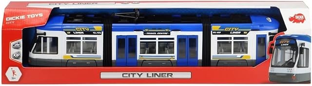 Dickie Toys 203749017 Duży Tramwaj miejski express, zabawkowa kolejka, drzwi otwierane, 2 wersje kolorystyczne, wybór koloru losowy czerwony lub niebieski, dla dzieci od 3 lat, 46 cm