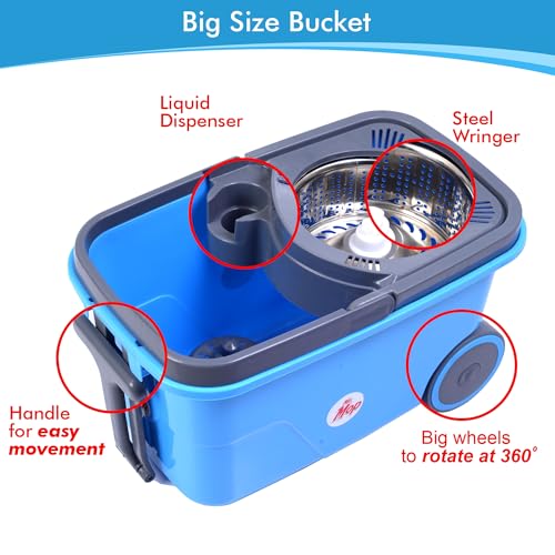 Image of Mr.Mop 360 Degree Square Spin Bucket Mop for Floor Cleaning with Rod Stick and 2 Microfiber Refills | Magic Pocha Set (Blue (Steel Jali))