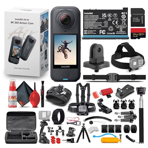 Insta360 Paquete estándar de cámara de acción X4 Air 360 | Lente dual ligera impermeable 8K | Sistema de estabilización para viajes, ciclismo, esnórquel, vlogging, deportes al aire libre + kit de accesorios 50 en 1 + más