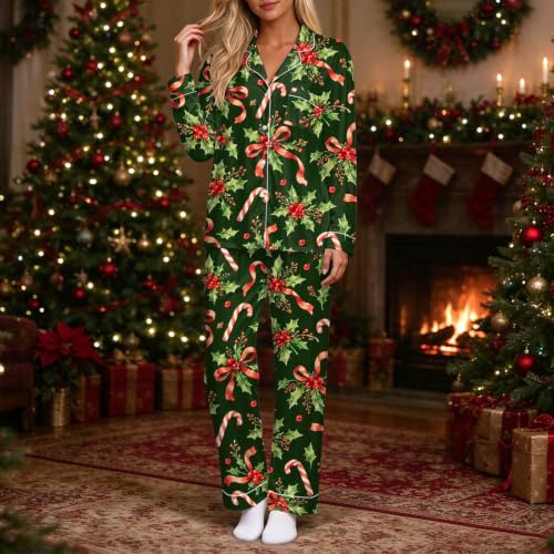 Womens Christmas Pajama Set Long Sleeve Button Down Sleepwear Printed - image 2