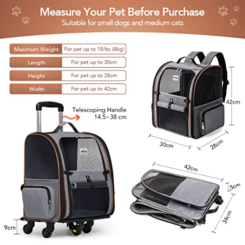 Lekespring Hunderucksack Katzenrucksack mit Trolley 2 in 1 bis 8 kg, Erweiterbar Katzenrucksack Große Transportbox für kleine Hunde und Katzen, Grau-L