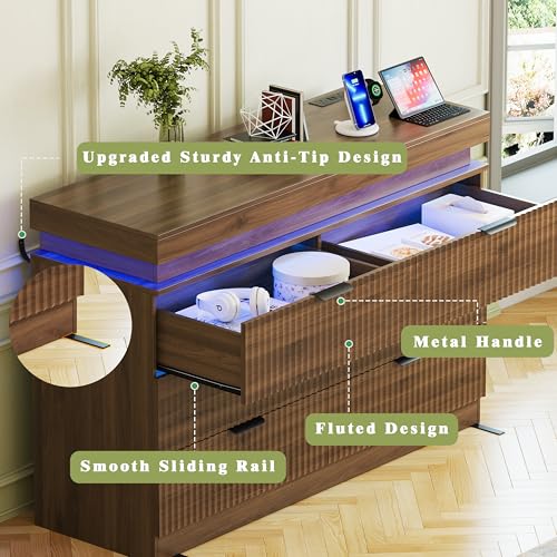 Image of 6 Drawer Dresser with LED Lights and Charging Station, 47 inch Wide Walnut Wood Fluted Dresser for Bedroom, Modern Chest of Drawers for Closet Organizer Cabinet for Living Room, Entryway, Hallway