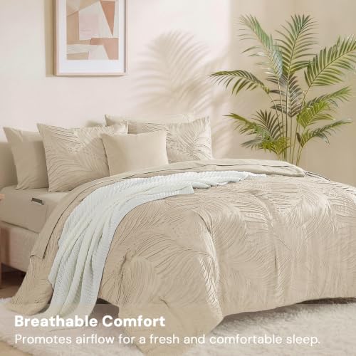 Image of Full Size Comforter Sets-7 Pieces Soft Tufted Bed in a Bag Full Bedding Set | All Season Beige Botanical Comforter with Sheets, Pillowcases & Shams