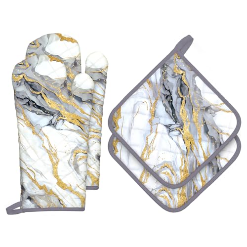 Arquiel White Gold Marble Oven Mitts and Pot Holders Sets 4Pcs, 100% Cotton Heat Resistant, Extra Long Oven Gloves Potholder for Kitchen Cooking Baking Decoration, Housewarming Gifts for Mom
