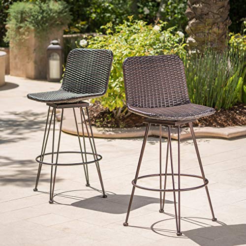 Christopher Knight Home Torrey Outdoor Wicker Barstools With Iron Frame, 2-Pcs Set, Multibrown / Black Copper #TOP2