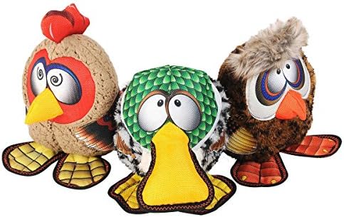 Happy Tails Strong Mesh Fabric Owl, Rooster, Duck Barnyard Buddies Squeaker Chew Plush Dog Toy 3-Pack