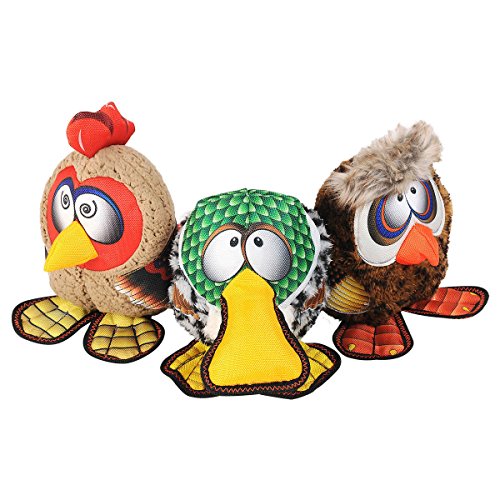 Happy Tails Strong Mesh Fabric Owl, Rooster, Duck Barnyard Buddies Squeaker Chew Plush Dog Toy 3-Pack #TOP1