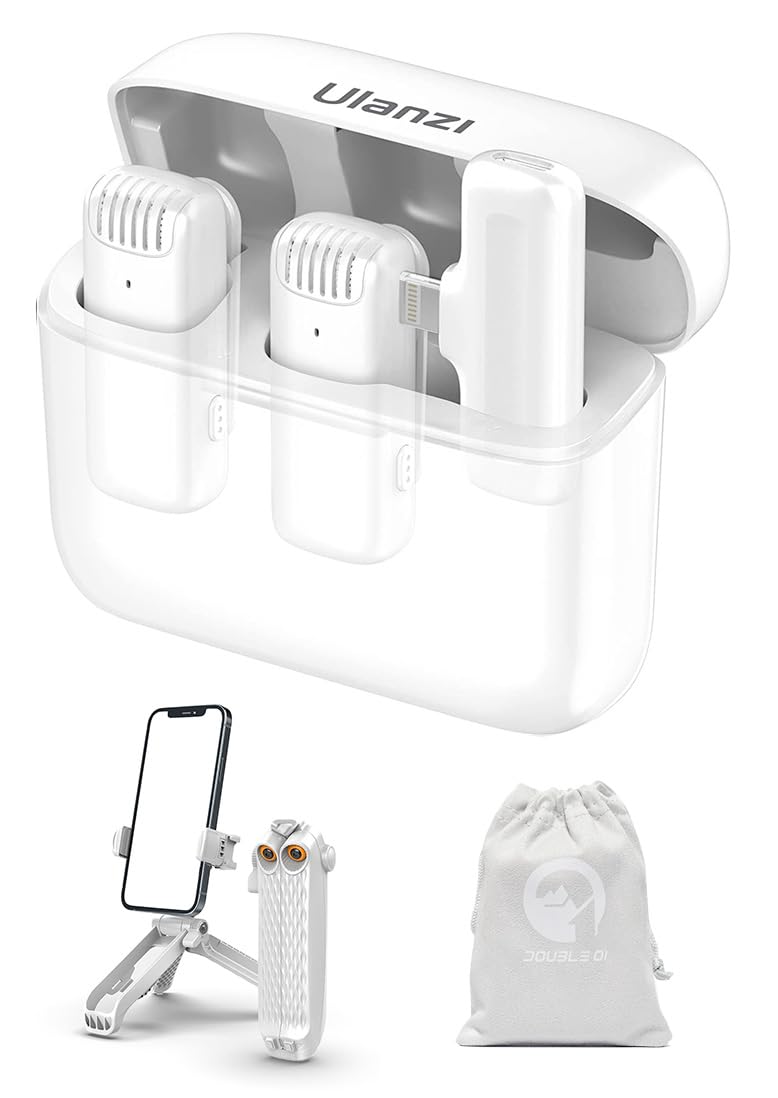 ULANZ I J12 Wireless Microphone for iPhone iPad | 2-in-1 Plug & Play | Charging Case | 7h Battery | For Real Estate Interview YouTube Vlogging | 20m Range | 1-Yr Warranty | Tripod + Pouch + iOS White