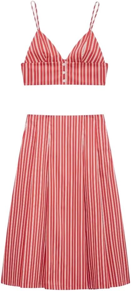Women's Skirt 2-Piece Set Striped Backless Short Spaghetti Straps Striped Zipper High Waist Long Skirt