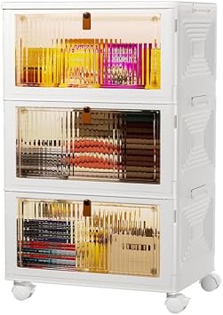 3 Tier Plastic Storage Bins with Lids 35QT, Stackable Storage Containers with Wheels, Folding Storage Boxes, Collapsible Storage Bins, Closet Organizers and Storage for Living Room,Office,Dorm