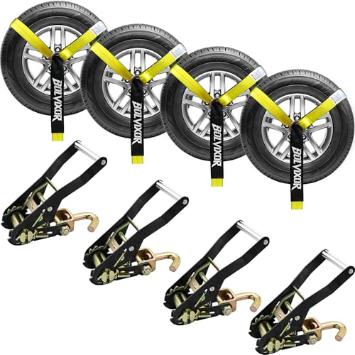 Bolvixor 4 Pack Car Tie Down Straps for Trailers 2 x 96 - 9900LBS Break Strength - Tire Ratchet Straps with J Finger Hooks for Hauling UTV SUV Truck Any Cars