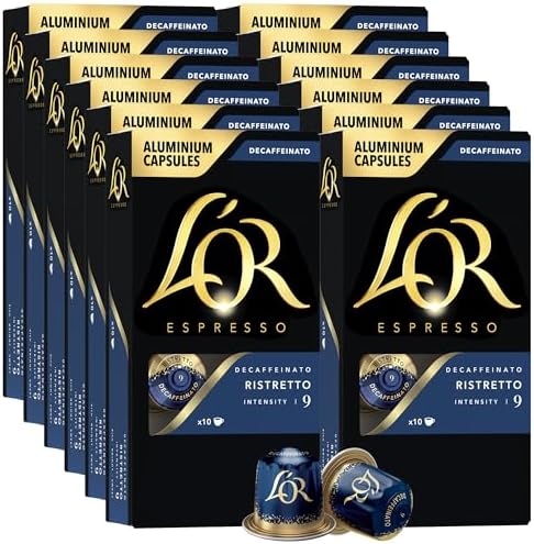 L'OR DECAF Espresso Capsules, 100 Count DECAF Ristretto, Single-Serve Aluminum Coffee Capsules Compatible with the L'OR BARISTA System & *Nespresso Original Machines