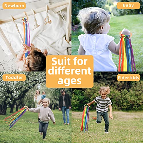 MEROCO Dancing Ribbon Hand Kite Rainbow Hand Kite for Playroom Dancing Toddler Rainbow Streamers Sensory Ribbon with Wood Rings (2pcs)