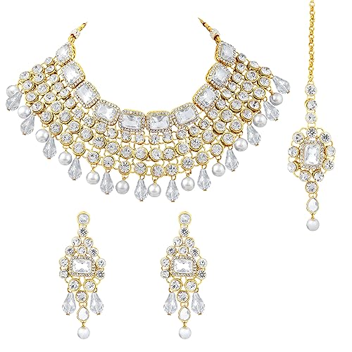 Image of Peora Crystal Choker Necklace with Maang Tikka Earrings Indian Traditional Bridal Wedding Jewellery Set for Women