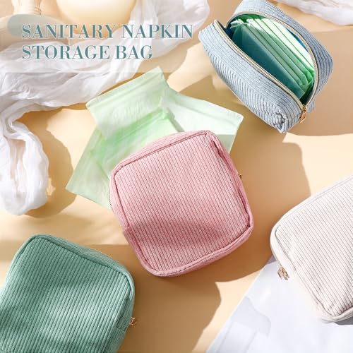 Image of Dansydaisy 4 Pcs Sanitary Napkin Storage Bag Blue Corduroy Period Bag for Gift School Teen Makeup Mini Preppy Cosmetic Wallet Set for Women Teacher Portable First Period Cute Pad Pouch with Zipper