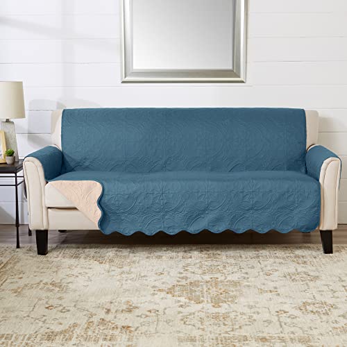 Image of Great Bay Home Reversible Sofa Cover - Washable Slipcover Furniture Protector with Elastic Straps - Perfect for Kids & Pets - Quilted & Stitched Detail (Smoke Blue /Ivory)