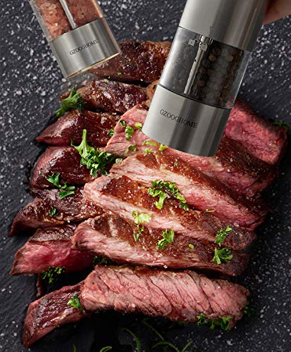 Gzooghome Electric Salt And Pepper Grinder Set - Battery Operated Automatic One Handed Salt Pepper Mill With Funnel And Bottom Cap - Ceramic Grinders With Lights And Adjustable Coarseness #TOP2