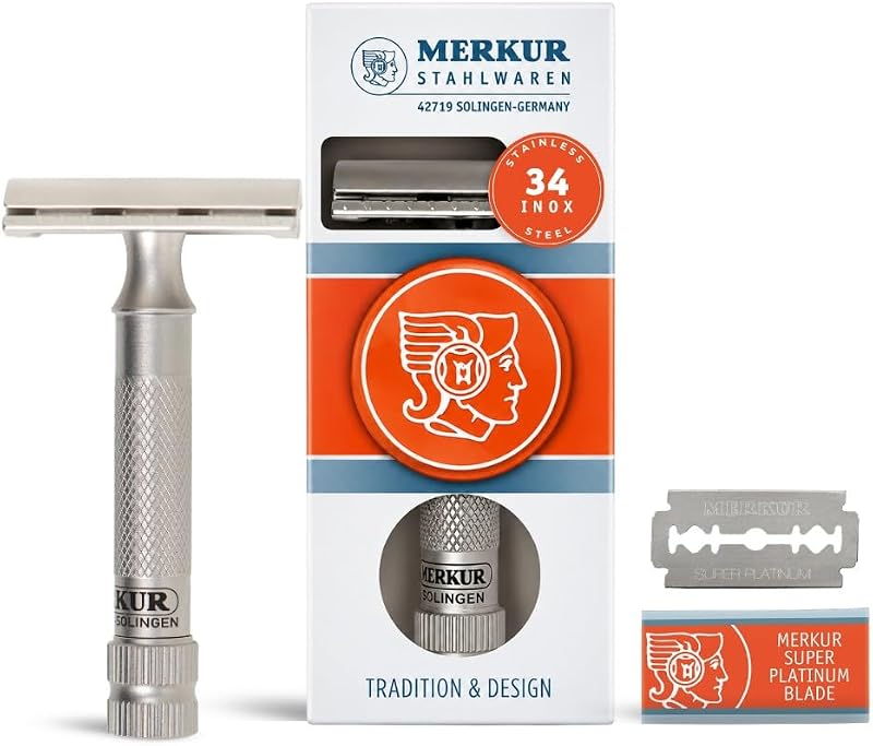 Aparelho de Barbear de Segurança MERKUR 34 INOX de 2 Peças em Aço Inoxidável Acetinado, Cabo Padrão e Pente Fechado