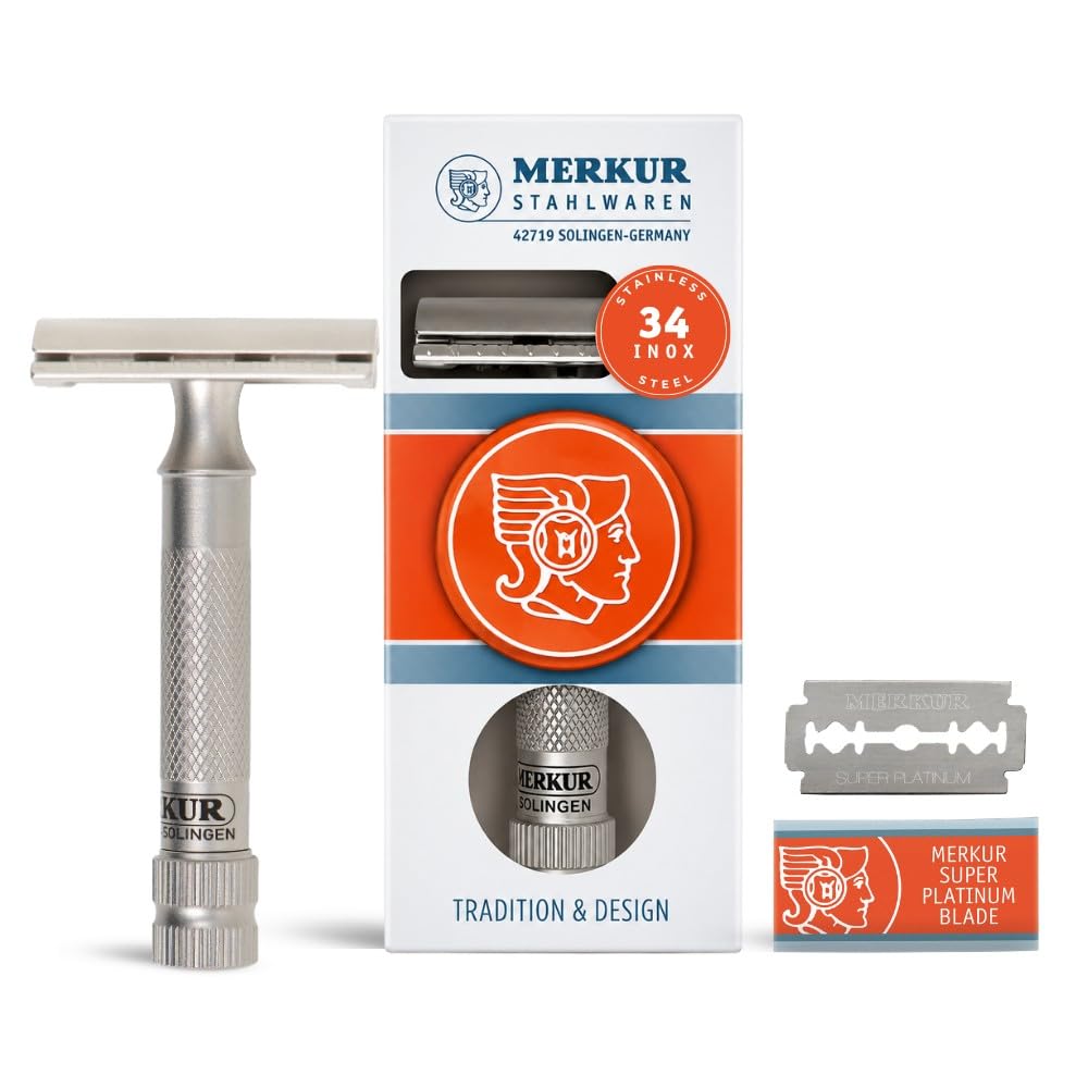 MERKUR 34 INOX 2-Piece Double-Edge Safety Razor for Men in Satin Stainless Steel with Standard Handle and Closed Comb — Made in Germany, Plastic-Free