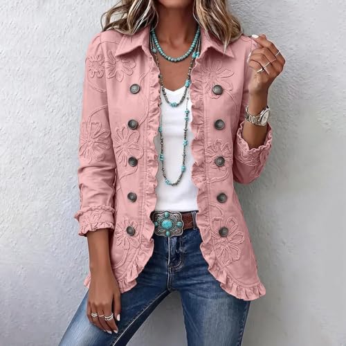 Womens Jackets Casual Long Cardigan Ruffle Trim Button Down Lapel Jacket - image 2