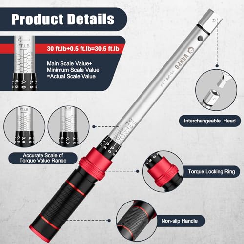 Image of VANPO HVAC Torque Wrench 10-80 Ft-lb, 9x12mm, for Mini Split AC | Adjustable Click Torque Wrench with Open End Heads (17-32mm), ±3% Accuracy, for Refrigeration Flare Nut Installation