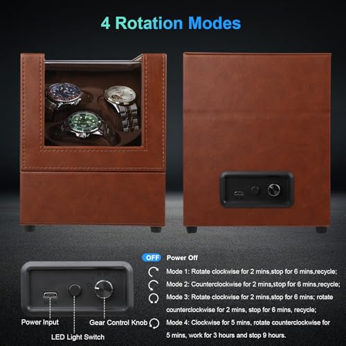 Image of J&T Technology Watch Winder for Automatic Watches,Automatic Watch Winder with LED Light,Rotating Watch Case with Japanese Quiet Motor,4 Rotation Modes,USB Type C